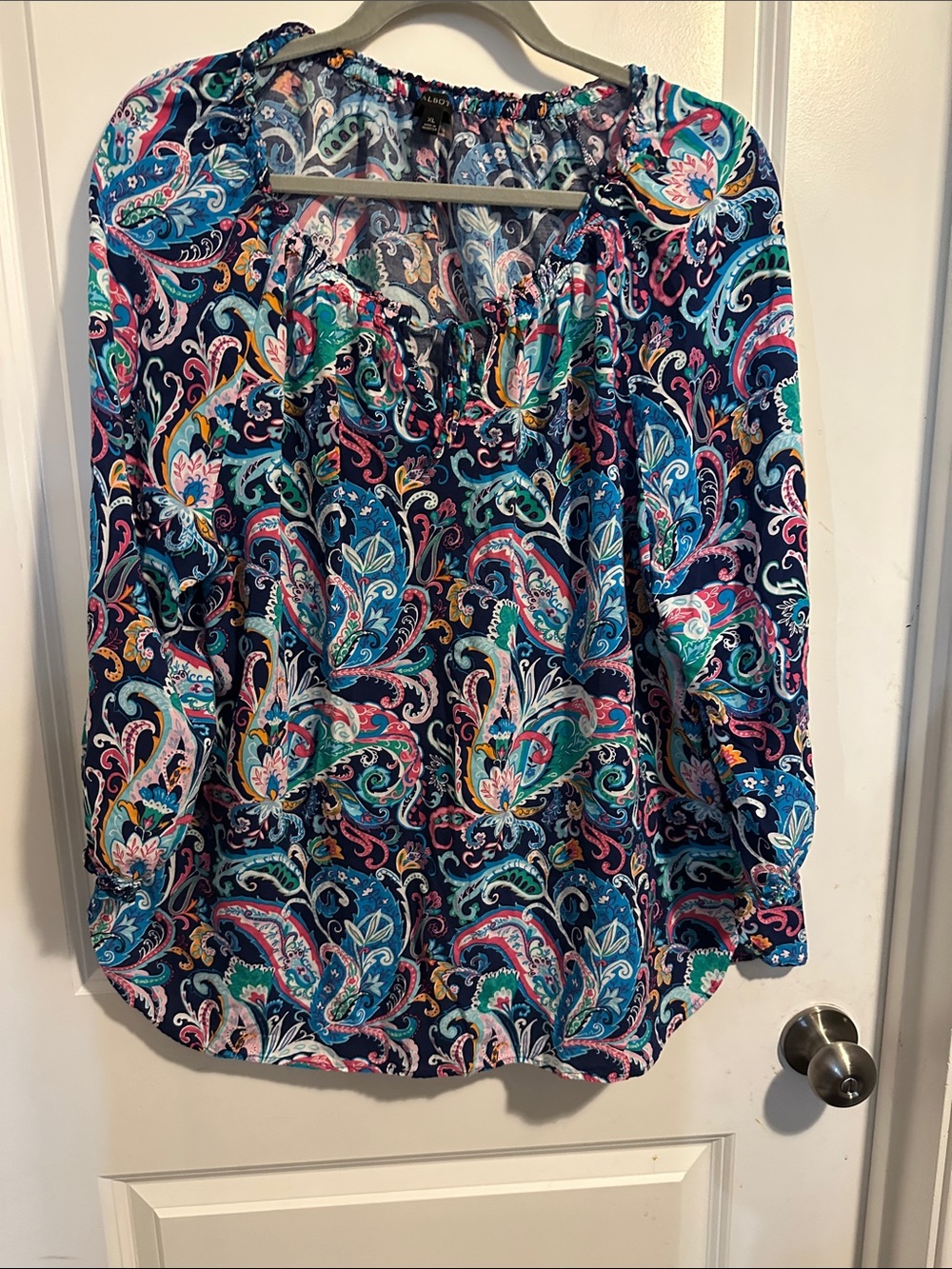 Talbots Navy Paisley Blouse with Teal, Pink & Aqua Accents